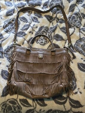 Tory Burch Taupe Fringe Leather Shoulder Bag
